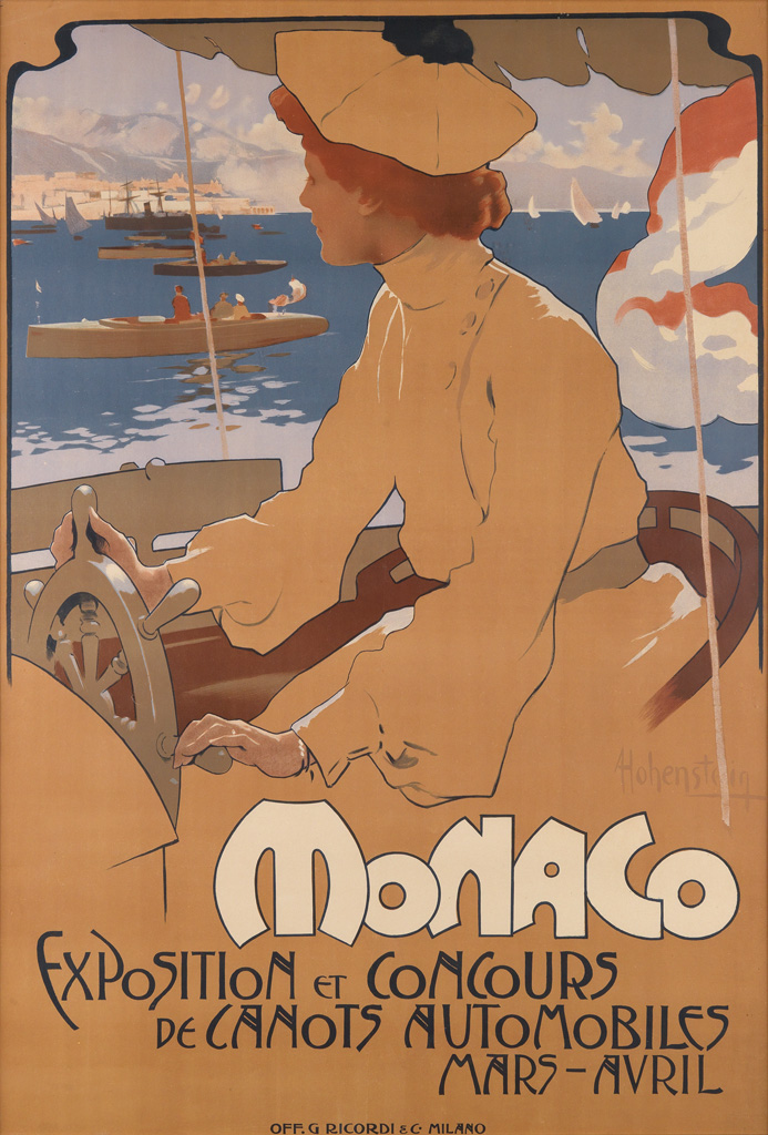 ADOLFO HOHENSTEIN (1854-1928). MONACO / EXPOSITION ET CONCOURS DE CANOTS AUTOMOBILES. 1900. 47x32 inches, 119x81 cm. G. Ricordi & C., M